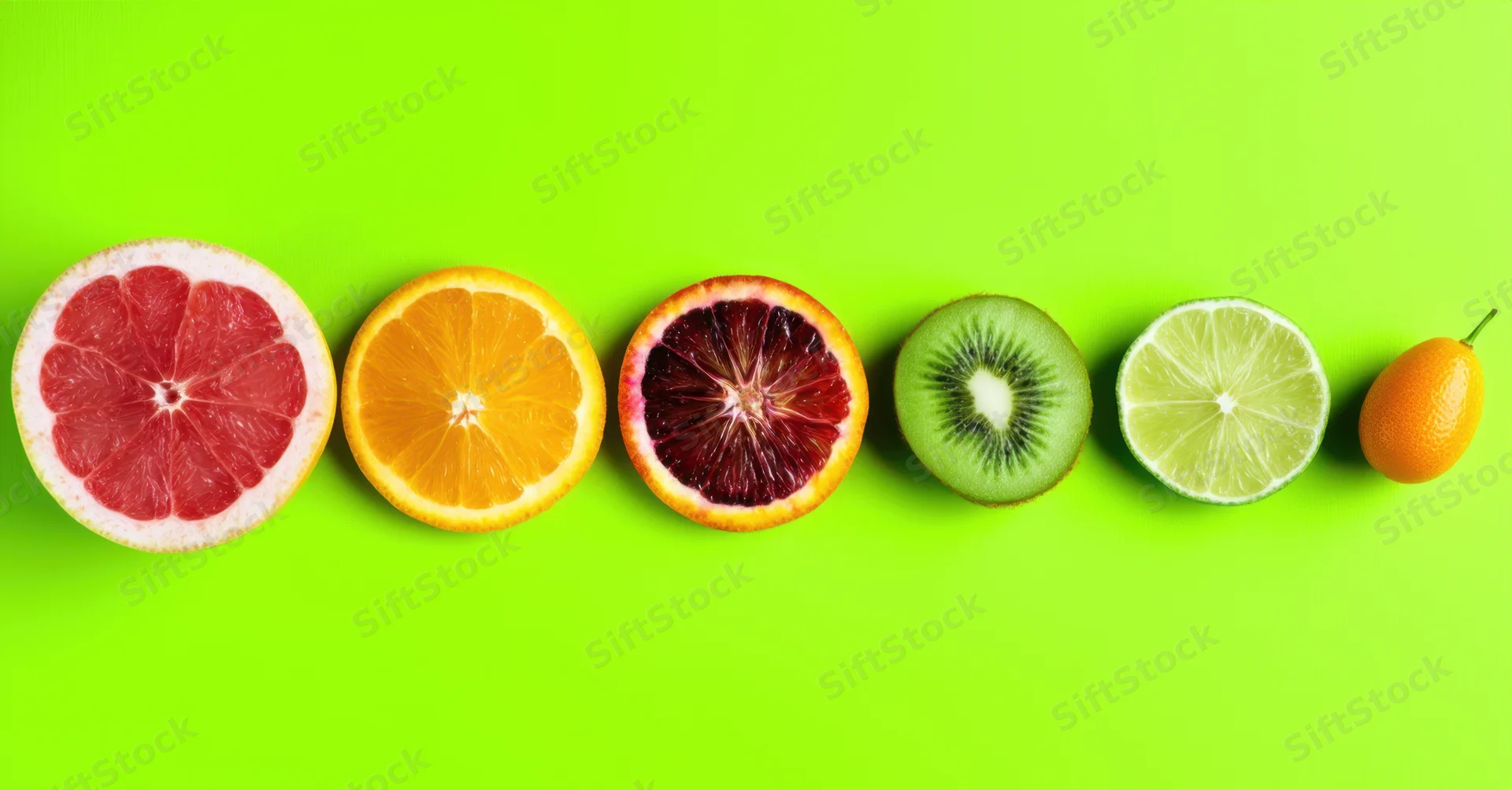 Row of citrus fruit cross-sections arranged on a vivid green background