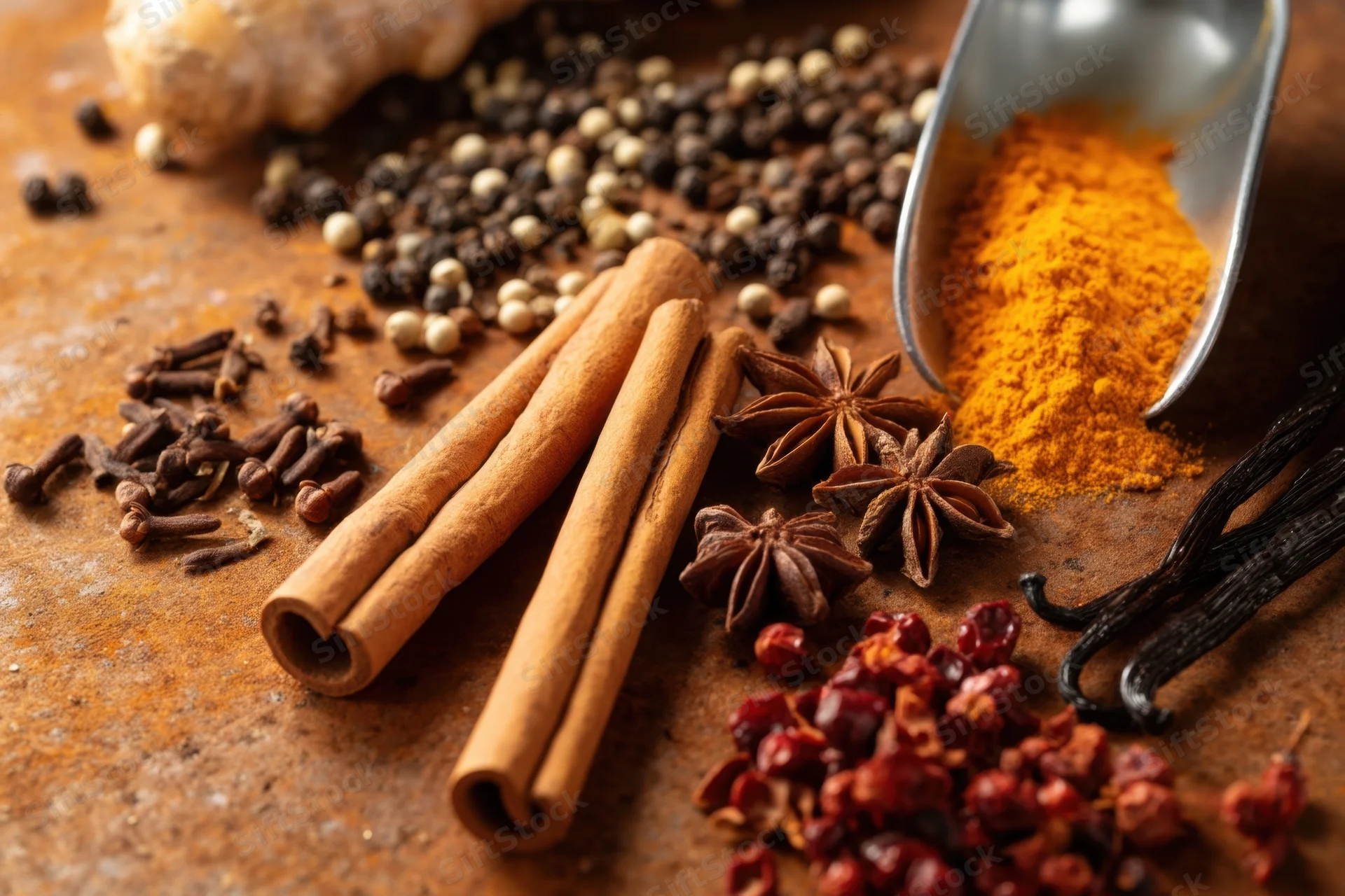 Cinnamon sticks, star anise, cloves, turmeric, peppercorns, vanilla beans, and ginger on a rusted metal surface