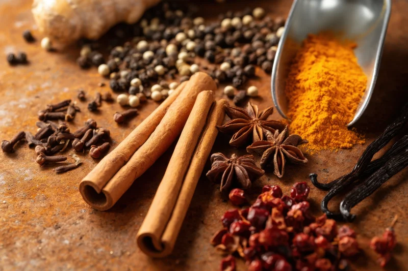Cinnamon sticks, star anise, cloves, turmeric, peppercorns, vanilla beans, and ginger on a rusted metal surface