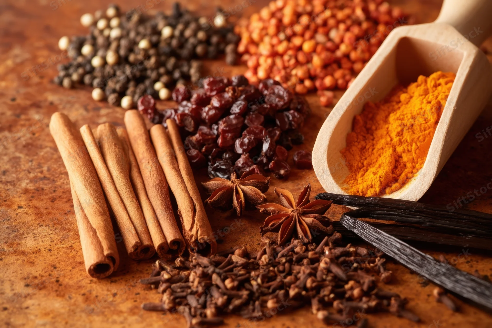 Cinnamon sticks, star anise, cloves, peppercorns, vanilla beans, turmeric powder, and dried fruits arranged on a rusted metal surface with a wooden scoop