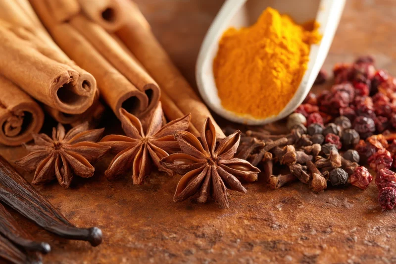 Cinnamon sticks, star anise, turmeric powder, cloves, peppercorns and vanilla beans arranged on a rusted metal surface