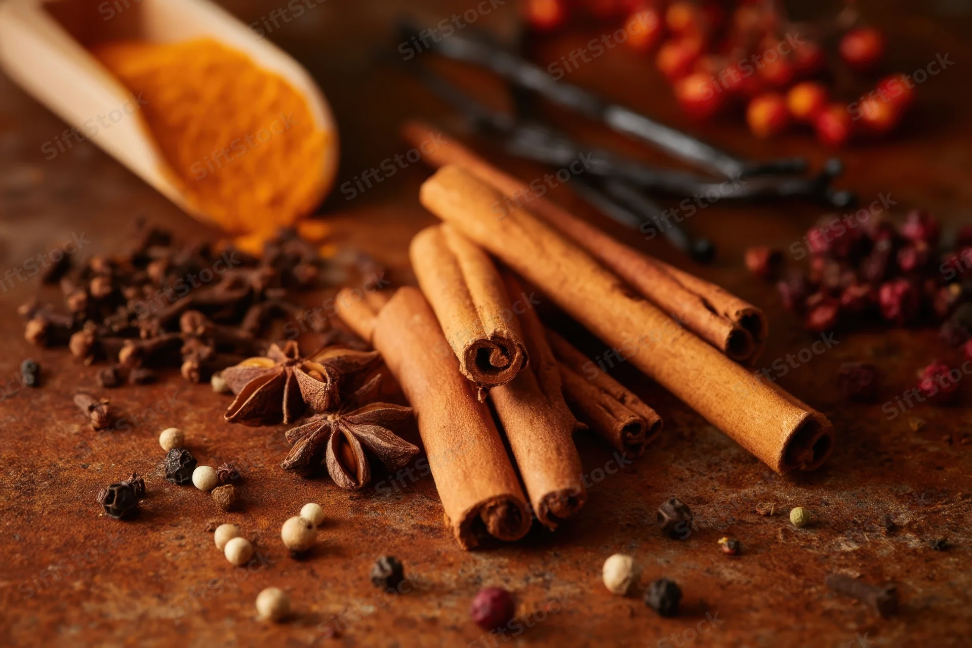 Cinnamon sticks and assorted spices arranged on a rusted metal surface