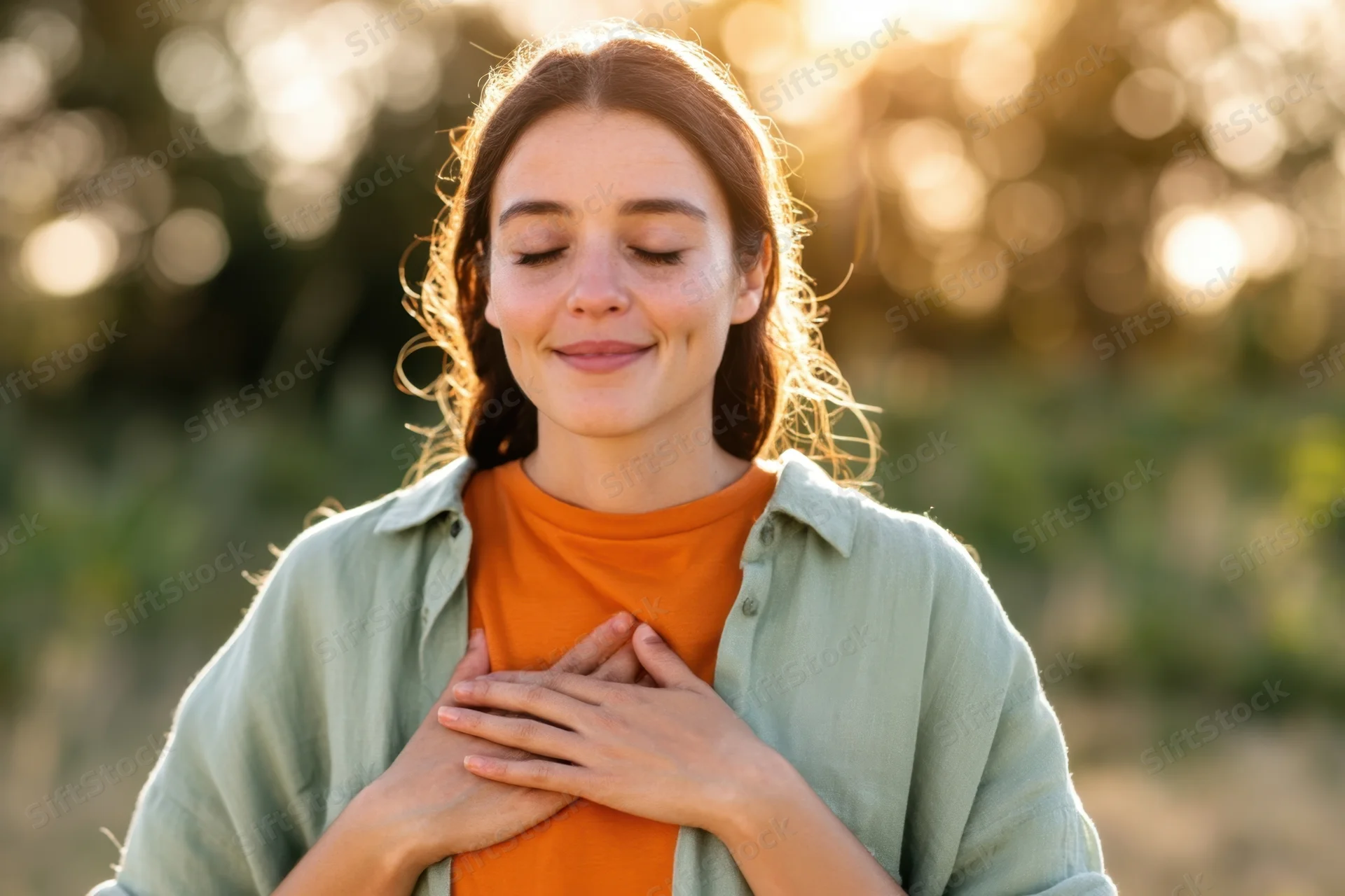 Woman with eyes closed and hands on chest outdoors in sunlight