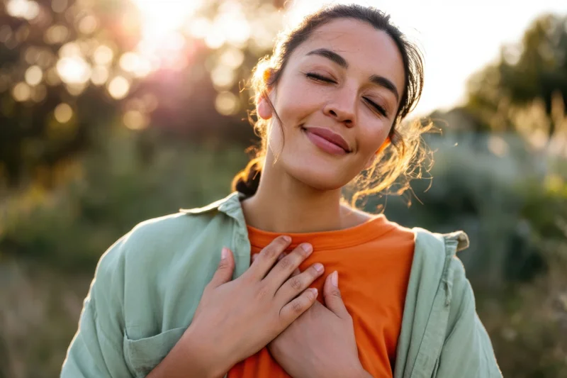 Woman with eyes closed and hands on chest smiling in a sunlit outdoor field