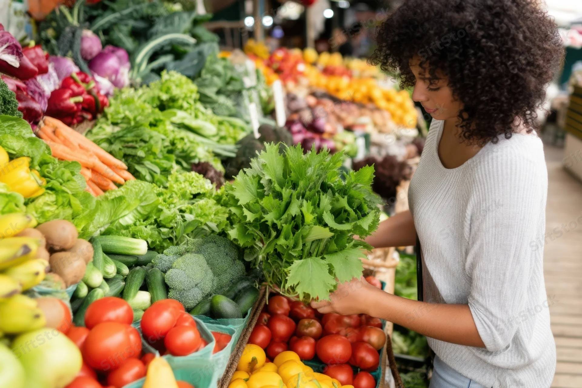 Woman selecting fresh leafy greens at a bustling outdoor market stall