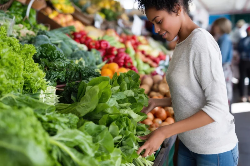 Woman selecting fresh leafy greens at an outdoor market stall