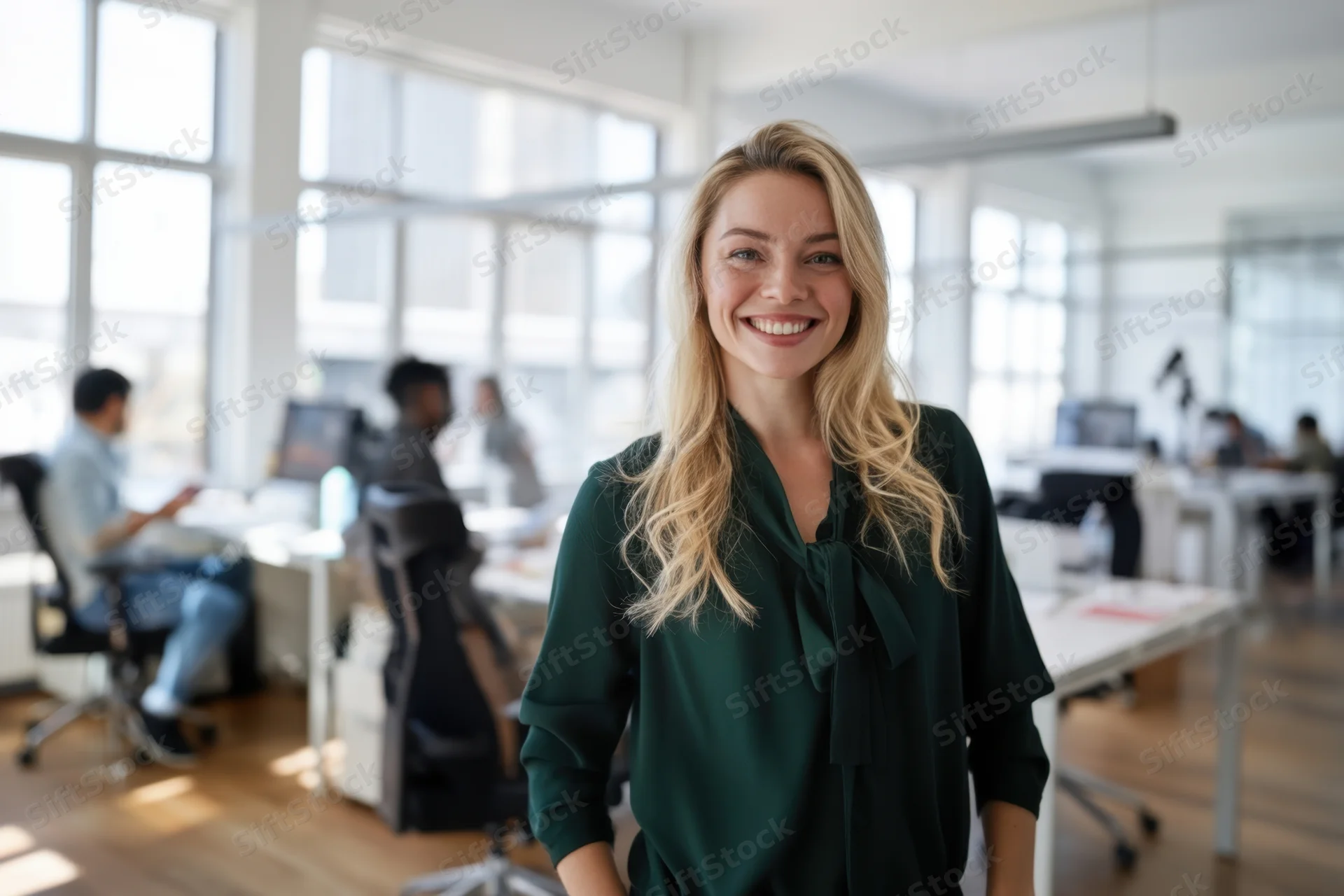 Smiling blonde woman in dark green blouse standing in modern office with colleagues working at desks in background