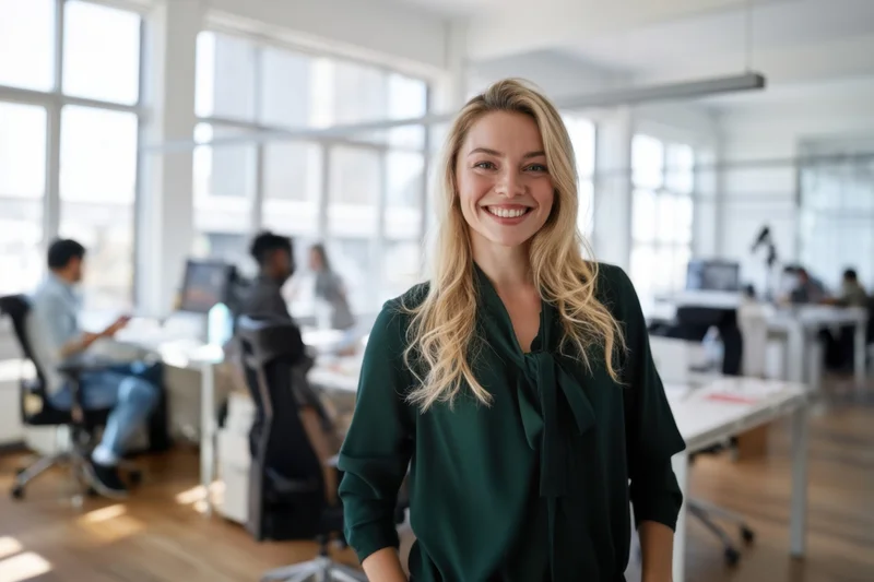 Smiling blonde woman in dark green blouse standing in modern office with colleagues working at desks in background