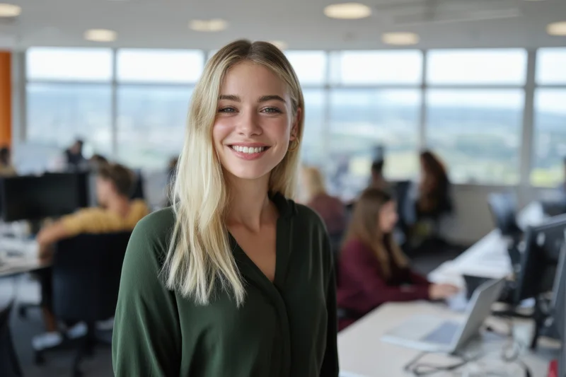 Smiling blonde woman in dark green blouse standing in modern office with colleagues working at desks near large windows