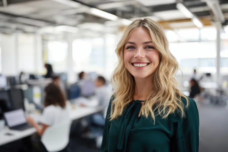 Smiling blonde woman in dark green blouse standing in modern open-plan office with colleagues working at desks in background