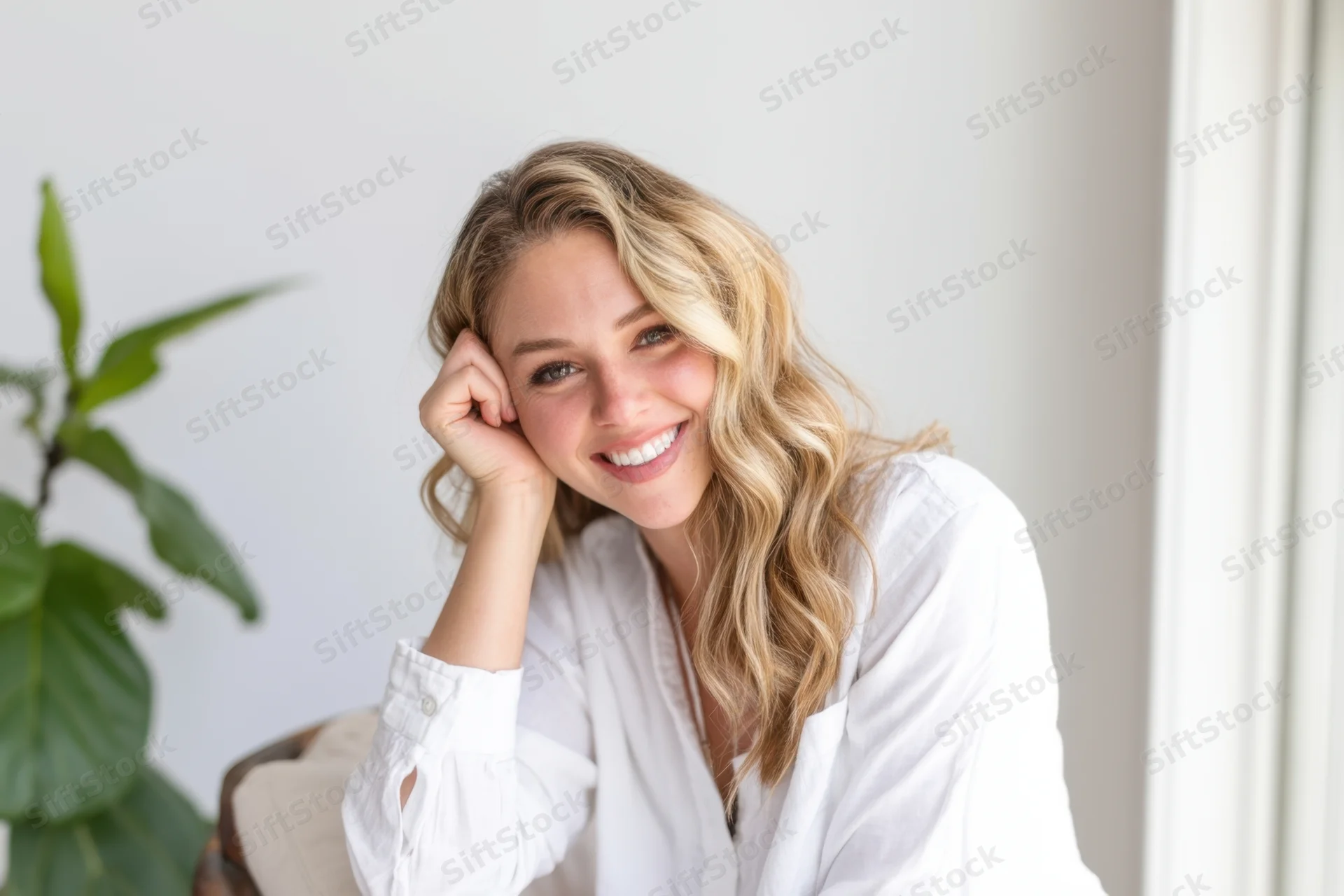 Smiling blonde woman in white shirt leaning head on hand indoors