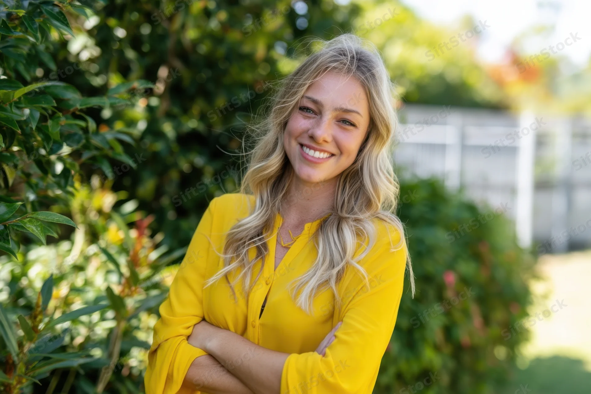 Smiling blonde woman in yellow blouse with arms crossed standing in garden