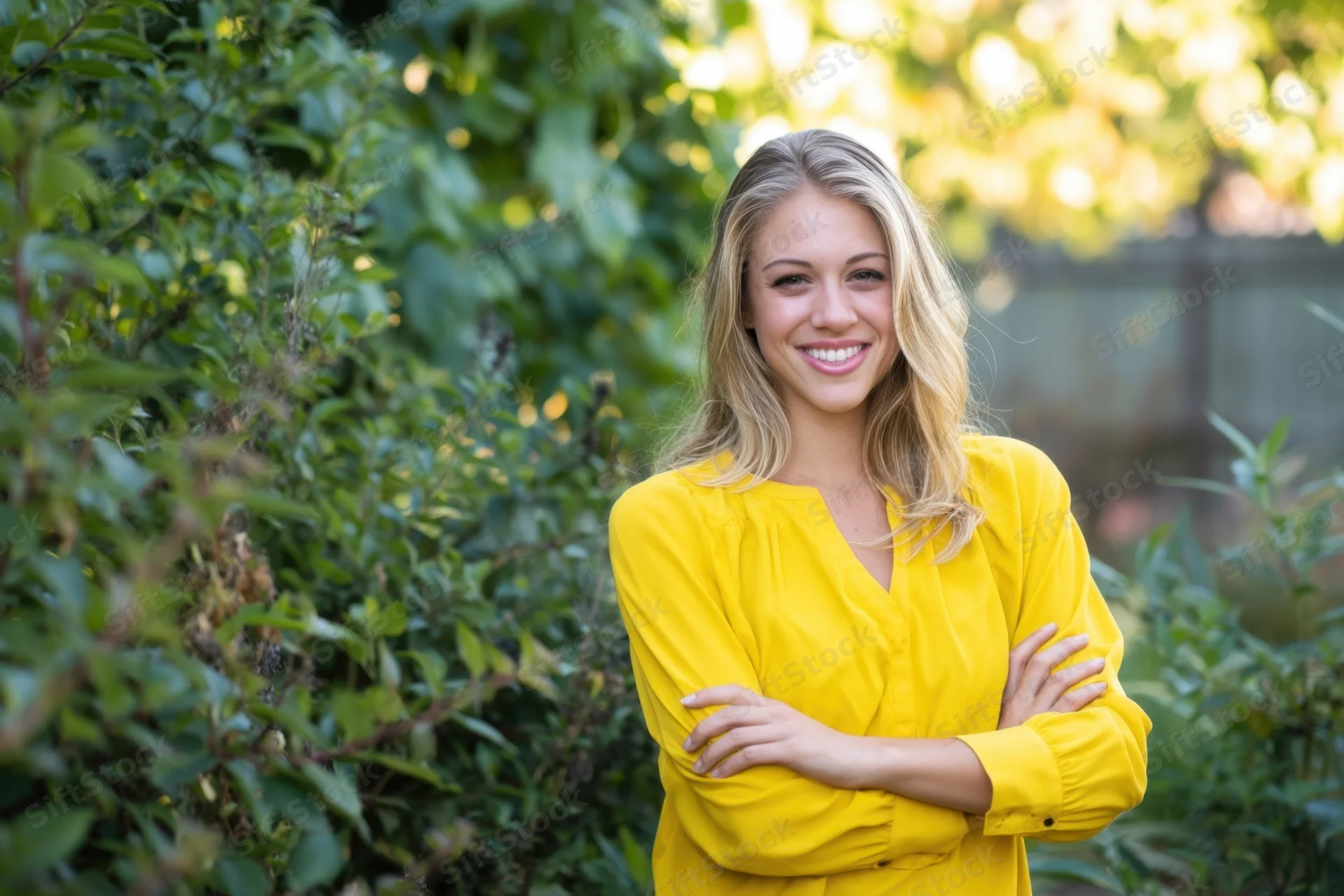 Smiling blonde woman in yellow blouse with arms crossed standing in a garden surrounded by green foliage