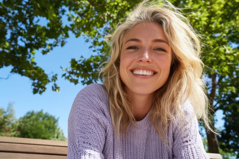Smiling blonde woman in a knitted lavender sweater sitting on a park bench under leafy trees on a sunny day