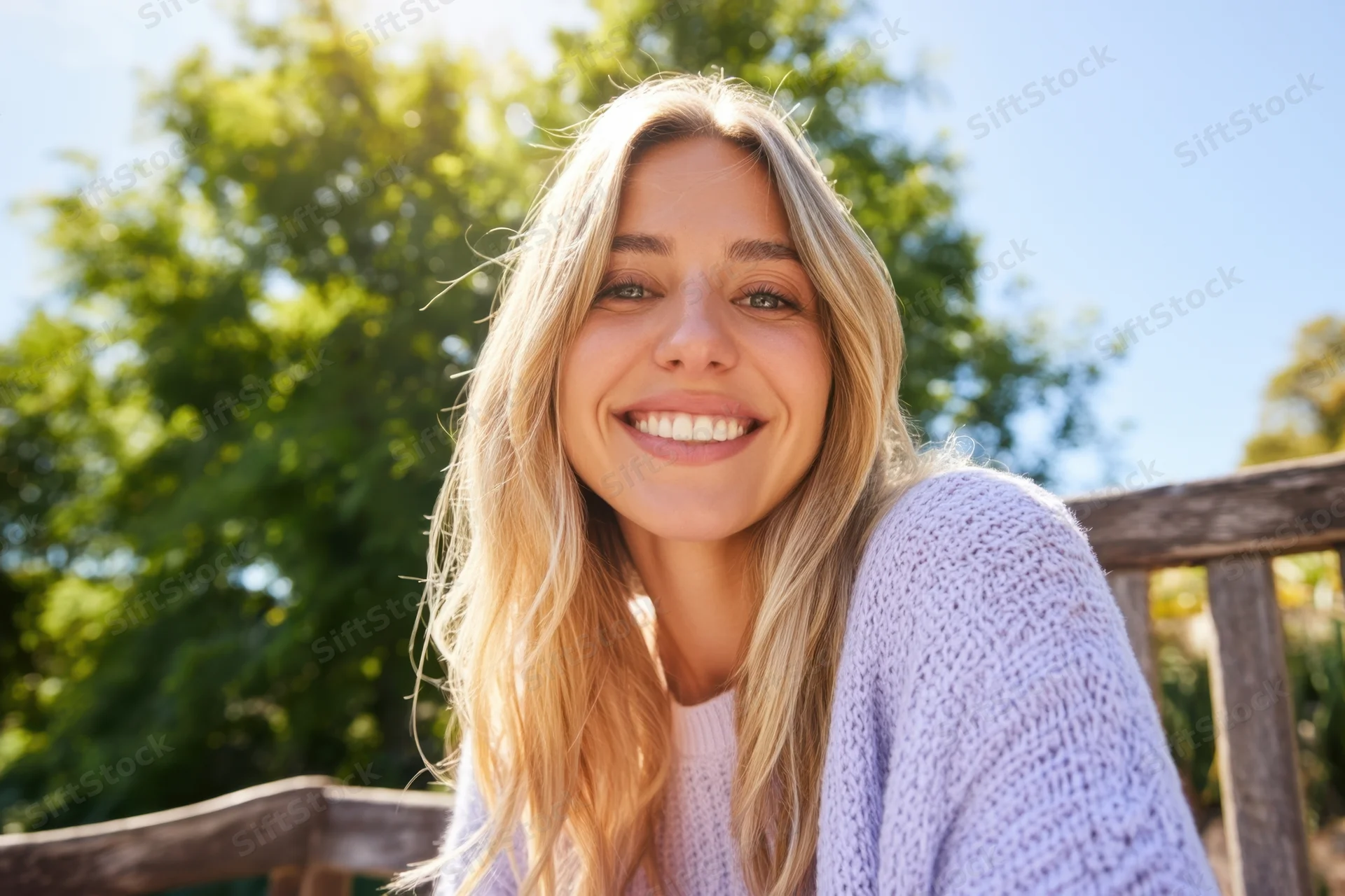 Smiling blonde woman in a lavender knit sweater outdoors on a sunny day near trees and a wooden bench