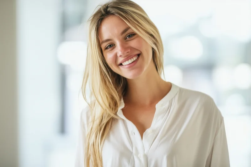 Smiling blonde woman in white blouse posing for portrait in bright office setting