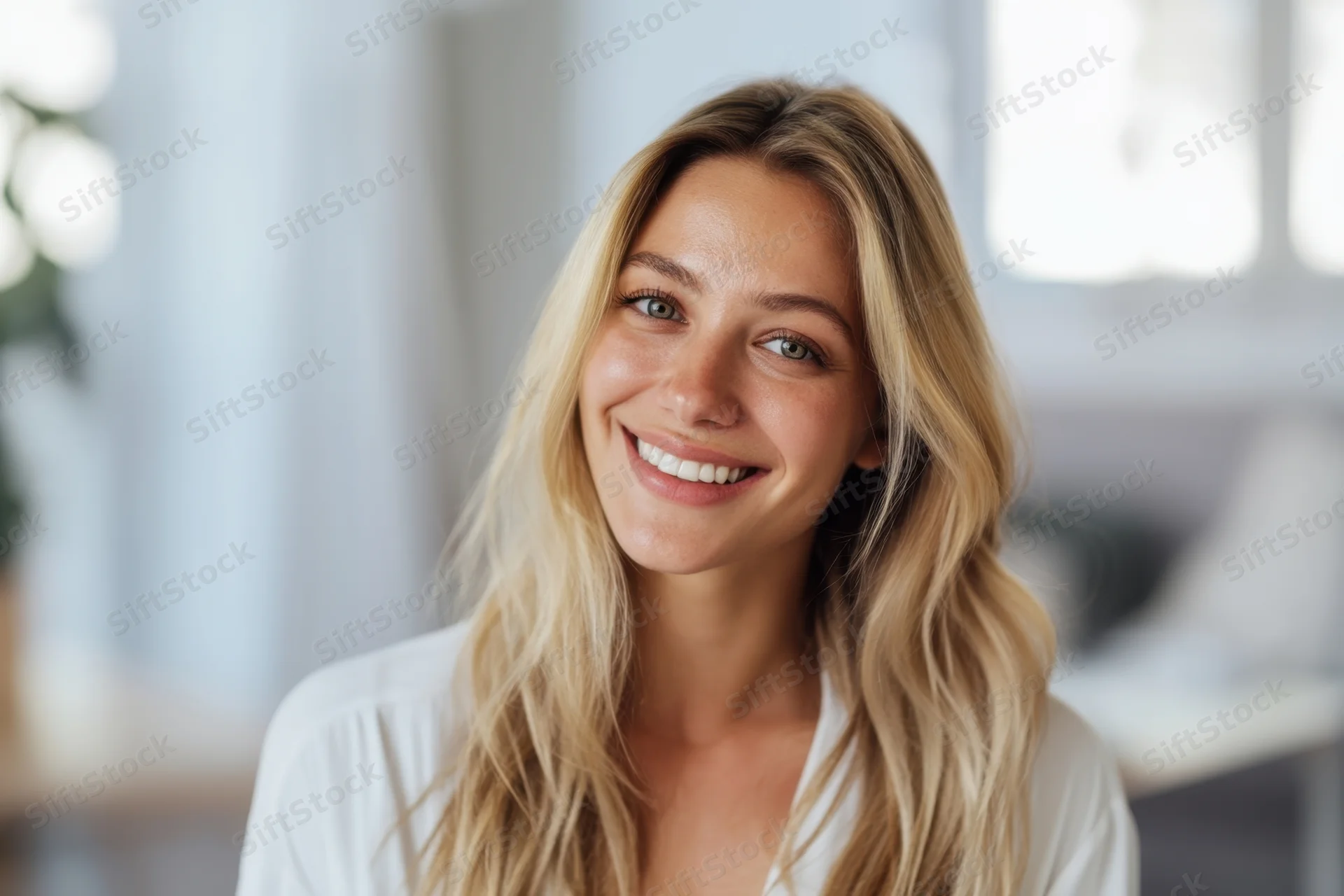 Smiling blonde woman in white blouse indoors with soft natural light
