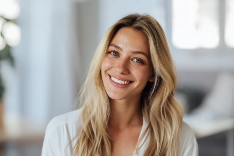Smiling blonde woman in white blouse indoors with soft natural light
