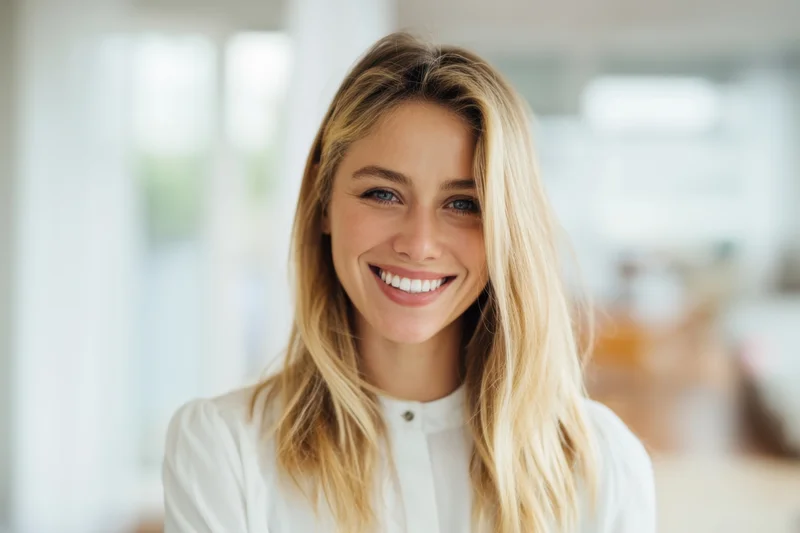 Smiling blonde woman in white blouse looking at camera indoors