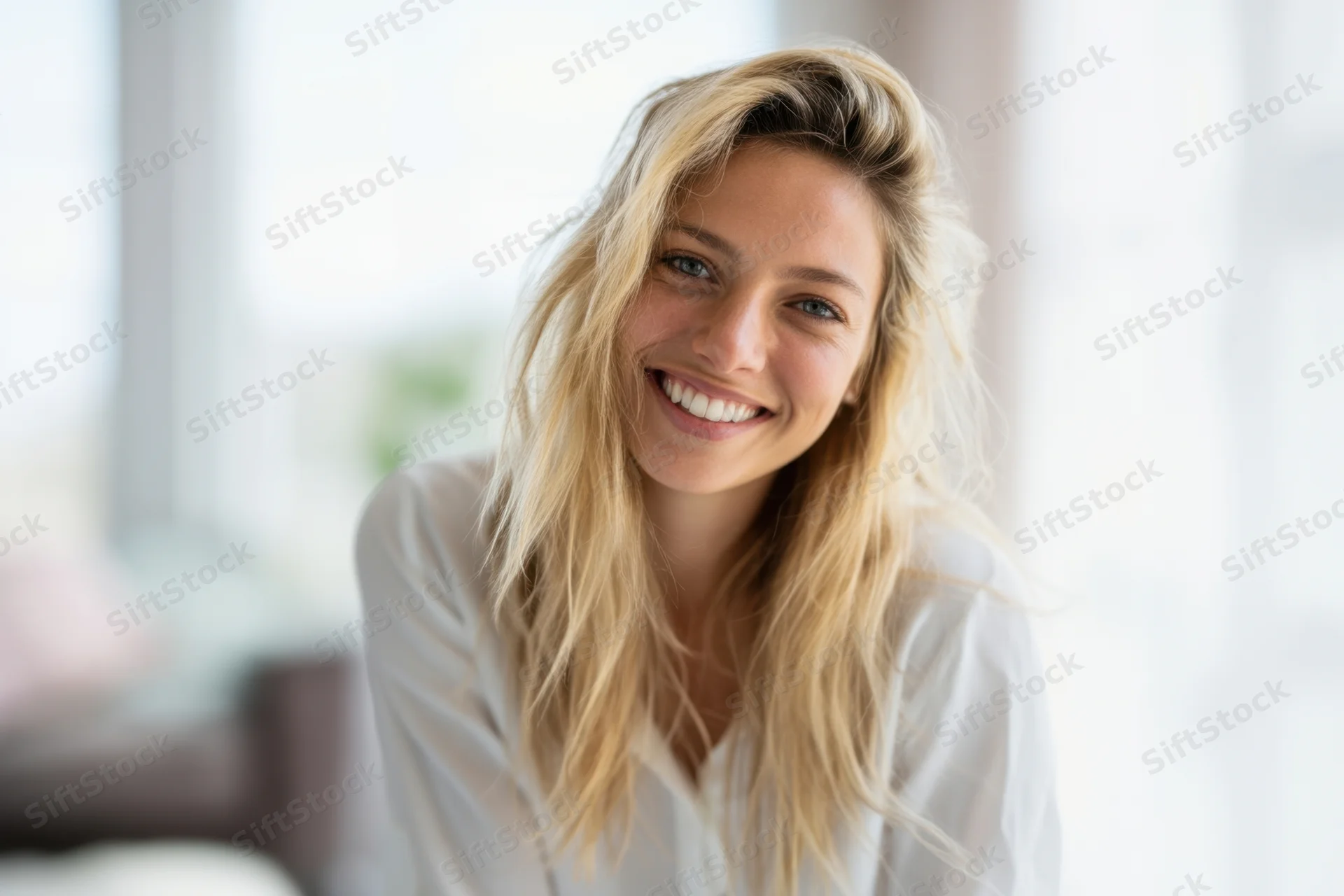 Smiling blonde woman in white blouse indoors with bright natural light