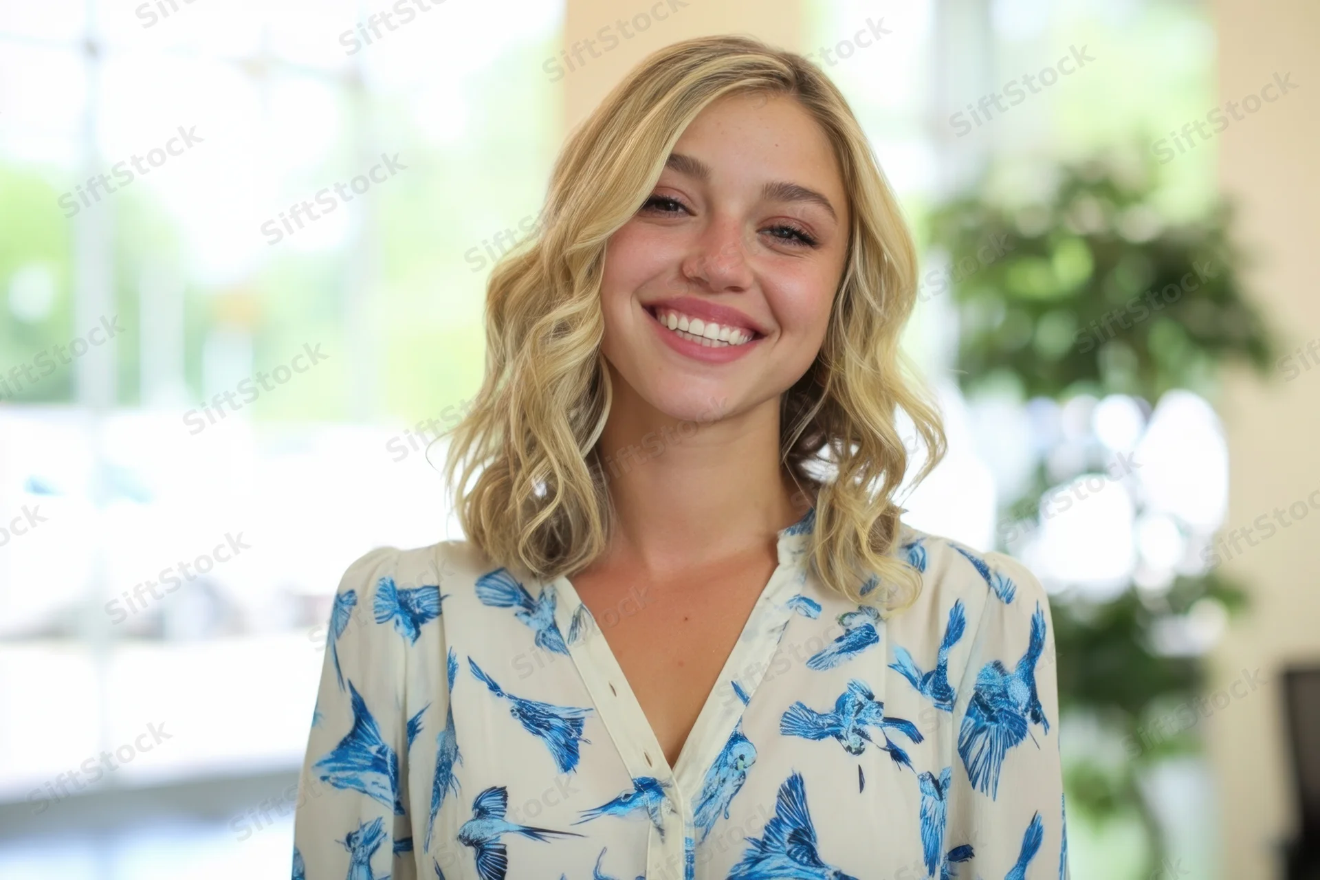 Smiling blonde woman with shoulder-length wavy hair wearing a cream blouse with blue bird pattern indoors near a window