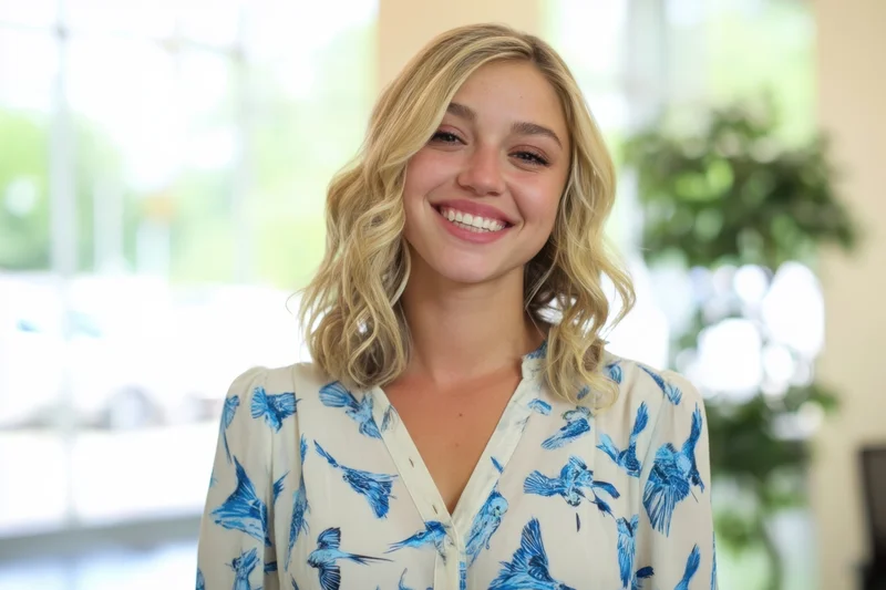 Smiling blonde woman with shoulder-length wavy hair wearing a cream blouse with blue bird pattern indoors near a window