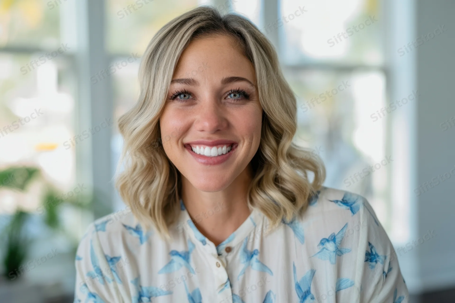 Smiling blonde woman with shoulder-length wavy hair wearing a white blouse with blue bird pattern indoors near a window