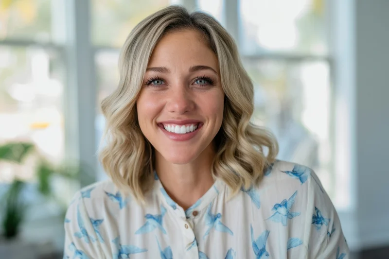 Smiling blonde woman with shoulder-length wavy hair wearing a white blouse with blue bird pattern indoors near a window