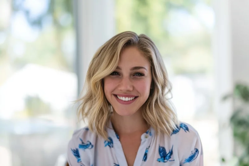 Smiling blonde woman with shoulder-length wavy hair wearing a white blouse with blue bird pattern indoors near a window