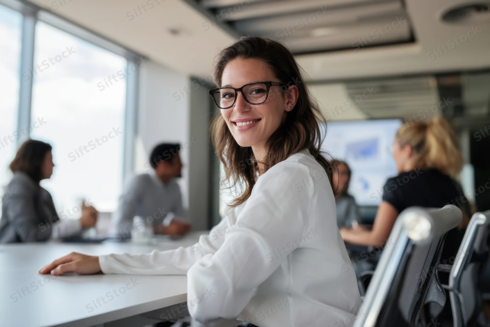 Smiling businesswoman in white blouse seated at conference table in modern office meeting with colleagues