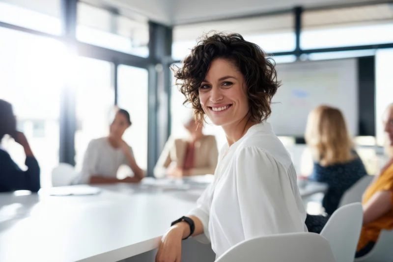 Smiling businesswoman in white blouse seated at conference table with colleagues in modern office