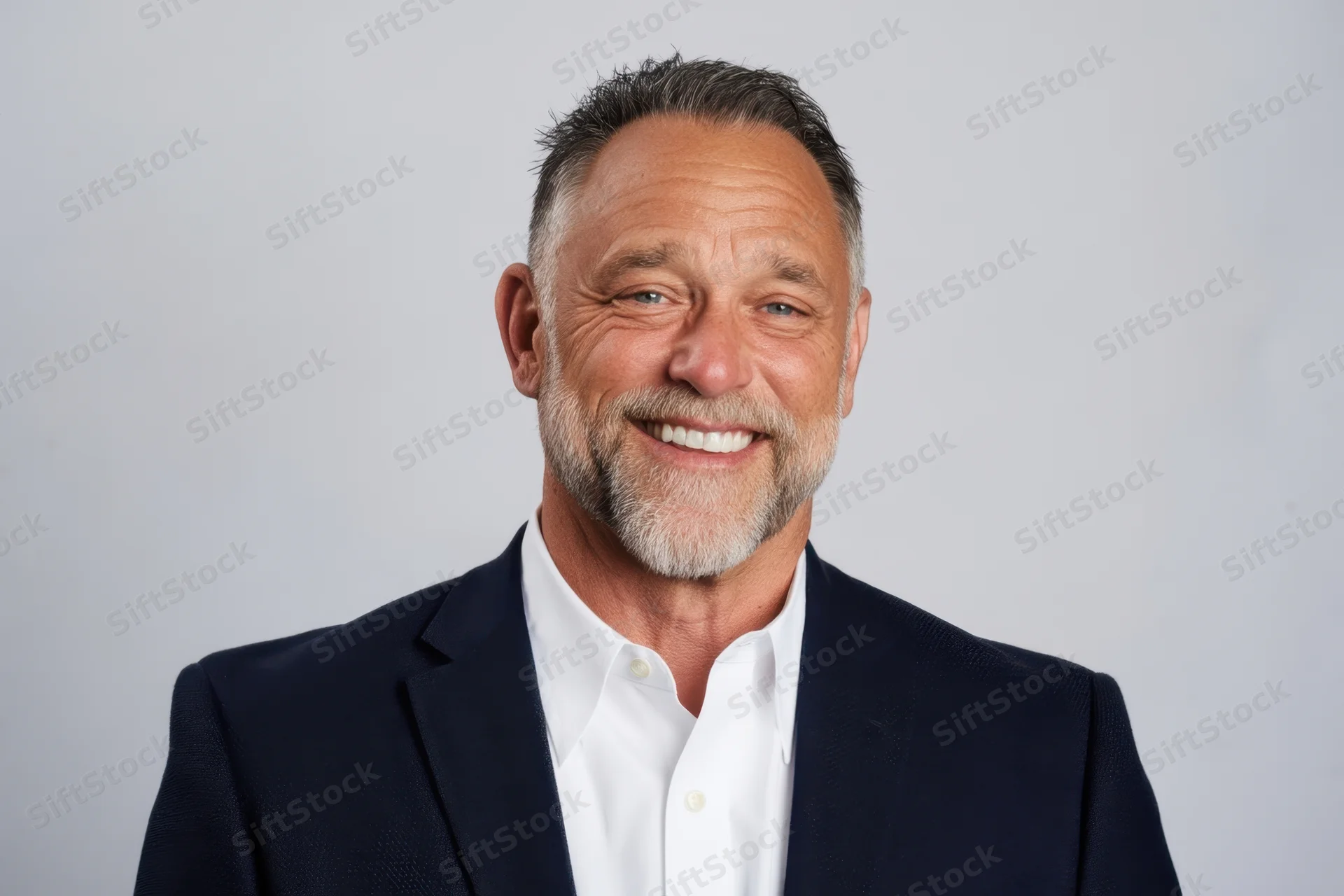 Smiling man in navy blazer and white shirt standing against plain background