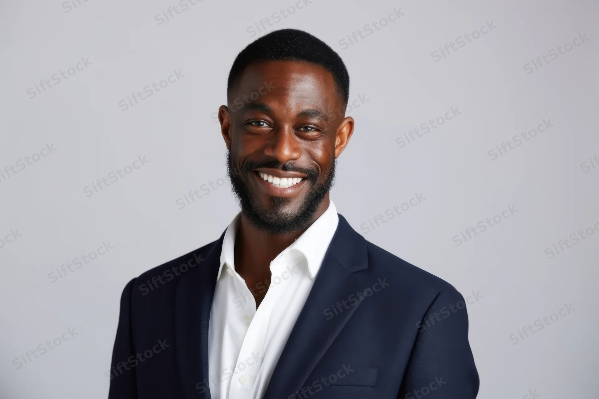 Smiling man in navy blazer and white shirt standing against gray background