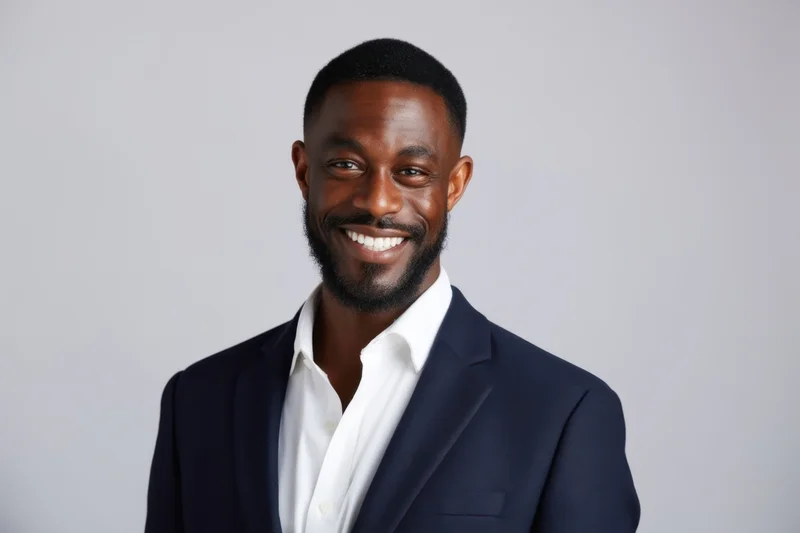 Smiling man in navy blazer and white shirt standing against gray background