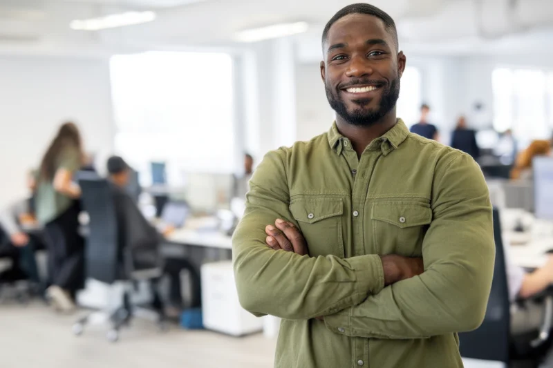 Smiling man with arms crossed in modern office workspace