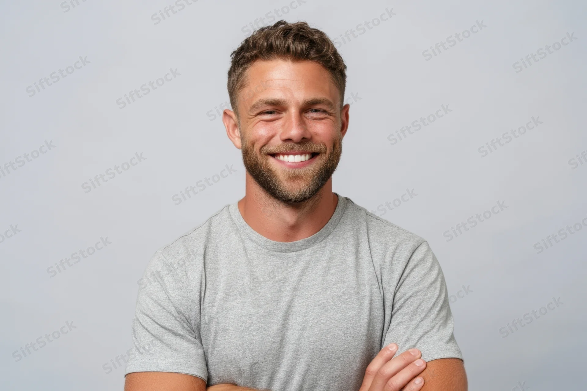 Smiling man with short brown hair and trimmed beard wearing gray tshirt, arms crossed, in studio setting