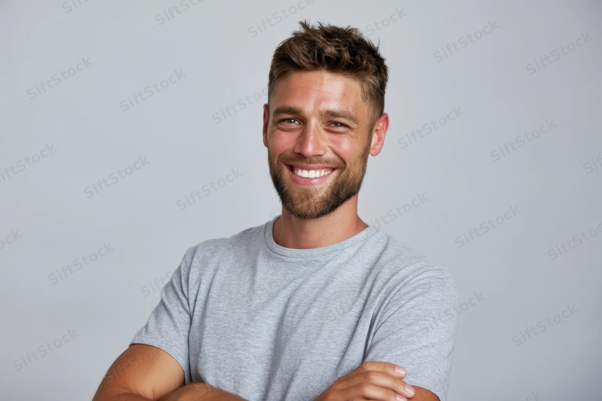 Smiling man with short brown hair and trimmed beard, arms crossed, wearing gray tshirt, studio portrait