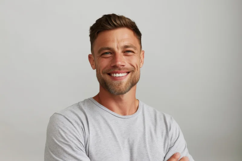 Smiling man with short brown hair and trimmed beard wearing gray longsleeve tshirt in studio setting