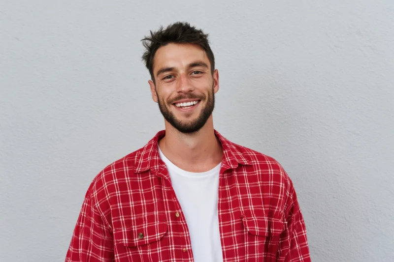 Smiling man in red plaid shirt over white tshirt standing against light gray wall