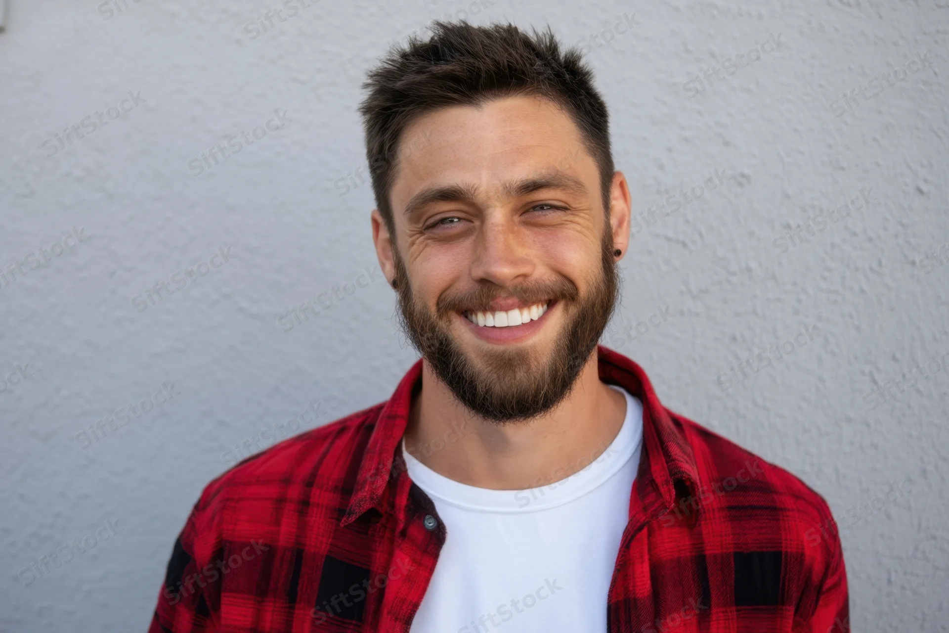 Smiling man with short dark hair and beard wearing red plaid shirt over white tshirt outdoors