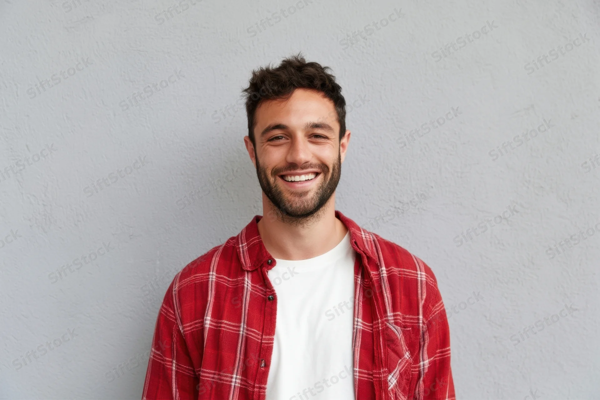 Smiling man in red plaid shirt over white tshirt standing against gray wall