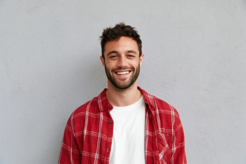 Smiling man in red plaid shirt over white tshirt standing against gray wall