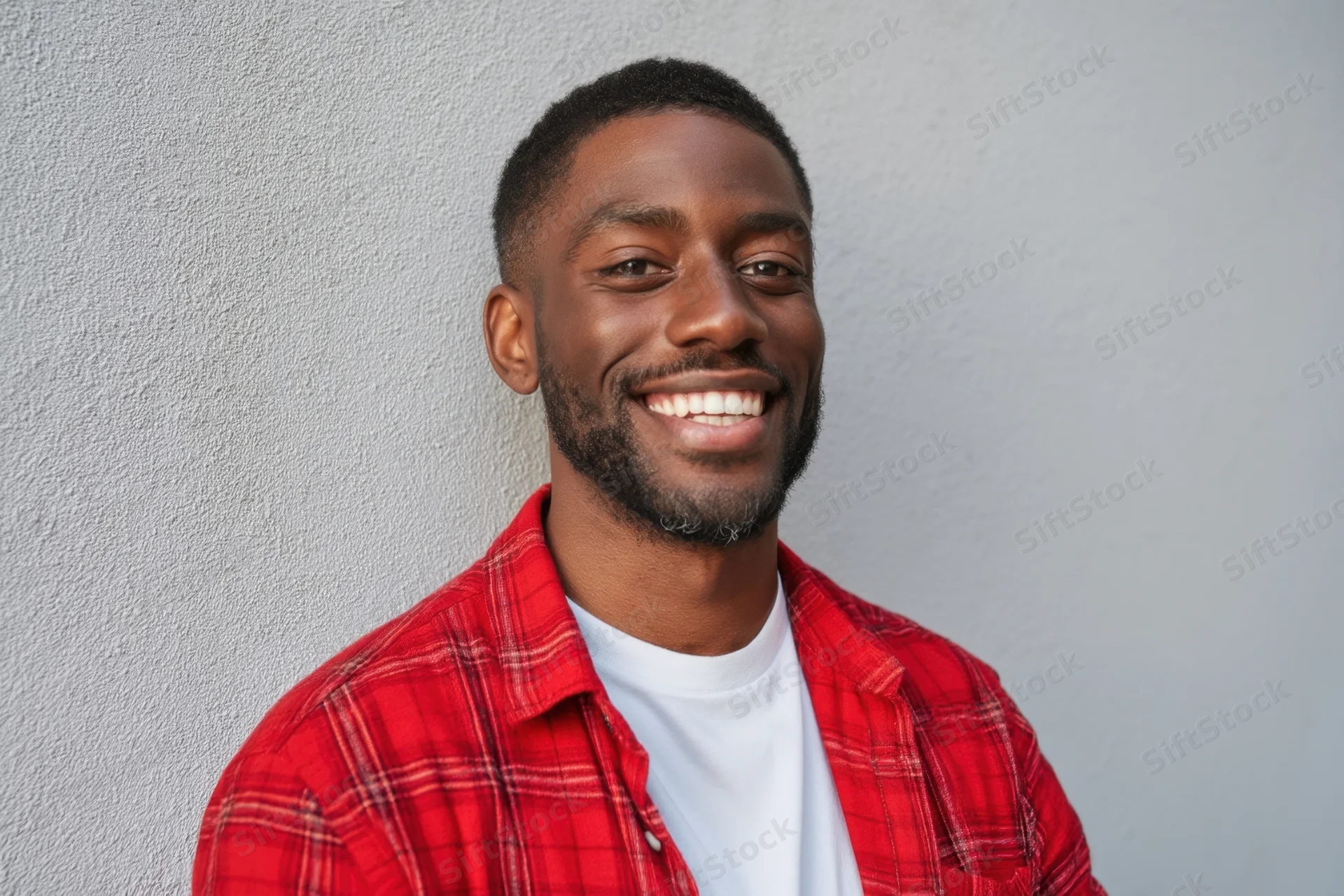 Smiling young african man in red plaid shirt over white tshirt against gray textured wall