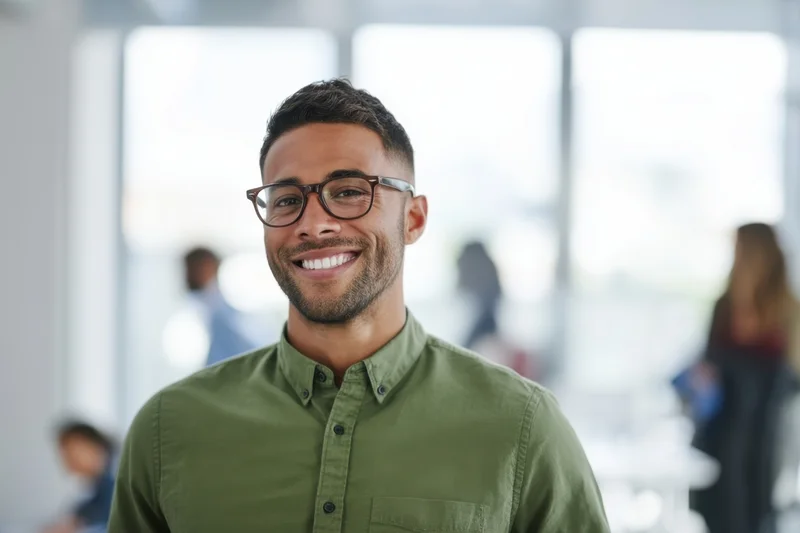 Smiling man with glasses and short dark hair wearing a green shirt in a bright office space