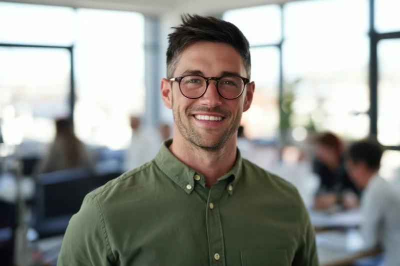 Smiling man in green shirt and glasses standing in modern office workspace