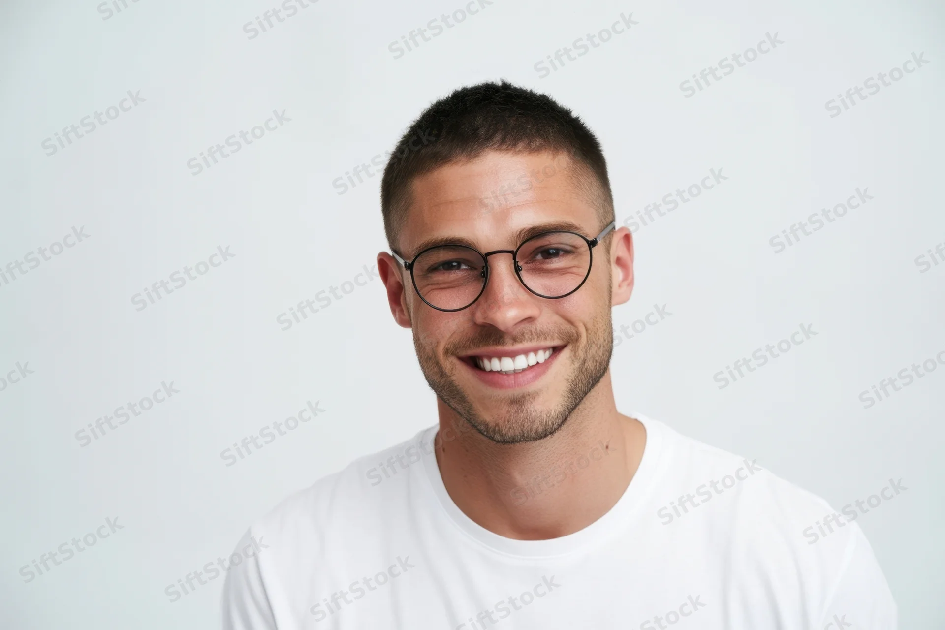 Smiling man with round glasses and white tshirt in studio portrait