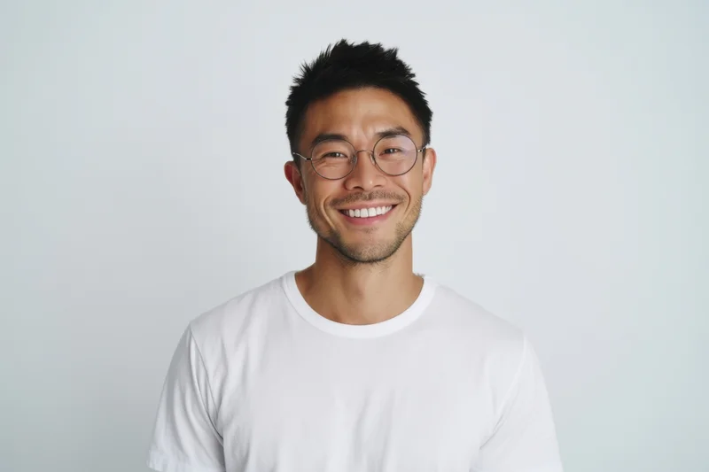 Smiling man with round glasses and white tshirt in studio portrait