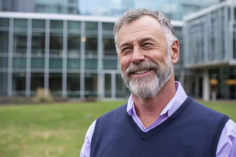Smiling middle-aged man with gray beard wearing navy vest over purple shirt outdoors on campus lawn in front of modern glass building