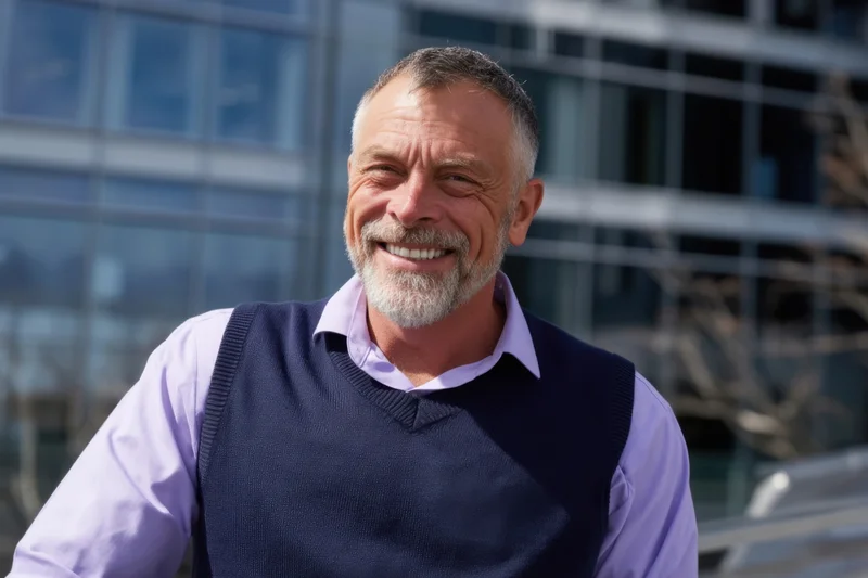 Smiling middle-aged man in sweater vest and shirt standing outside modern office building