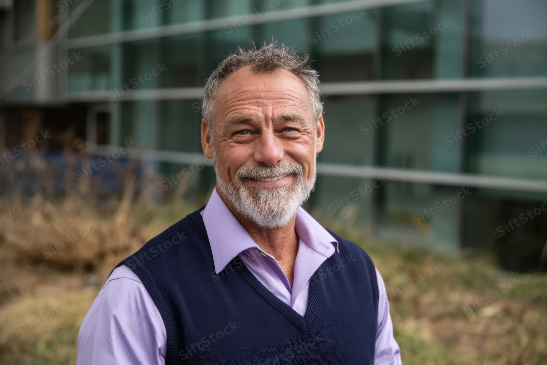 Smiling middle-aged man with trimmed gray beard wearing navy vest over lavender shirt outdoors near modern glass building